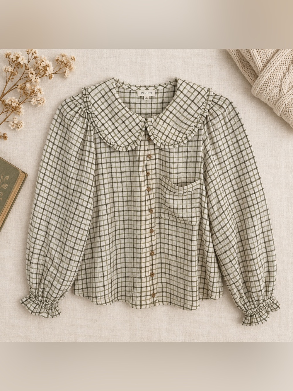 Pilcro Anthropologie Plaid Ruffle Collar Blouse Cottagecore Medium